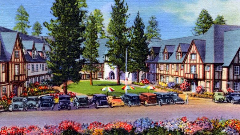 Charming vintage illustration of Lake Arrowhead Resort with lush flowers and classic cars.