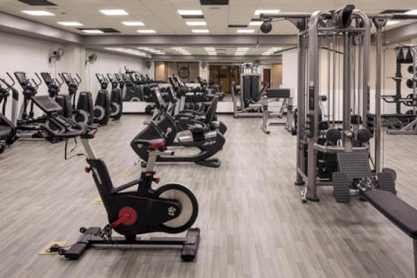 A well-equipped gym with various exercise machines and weights.