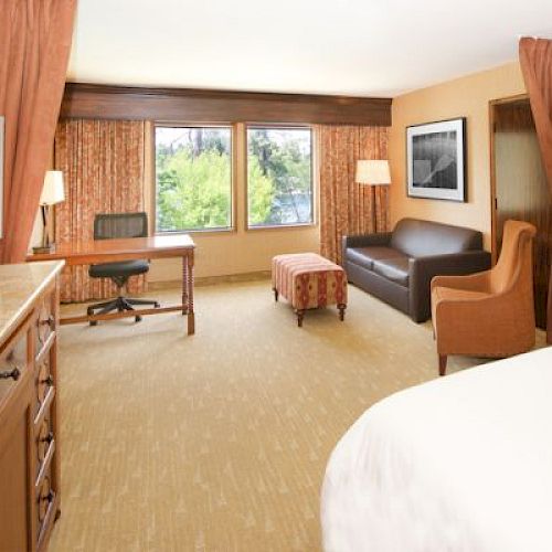 A hotel room with a bed, TV, desk, and chairs by a window showing greenery outside.