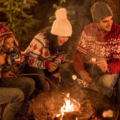 Friends gather around a fire, roasting marshmallows and enjoying the night.