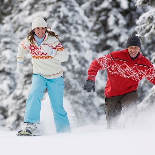 Two people are joyfully snowshoeing in a winter wonderland with trees.