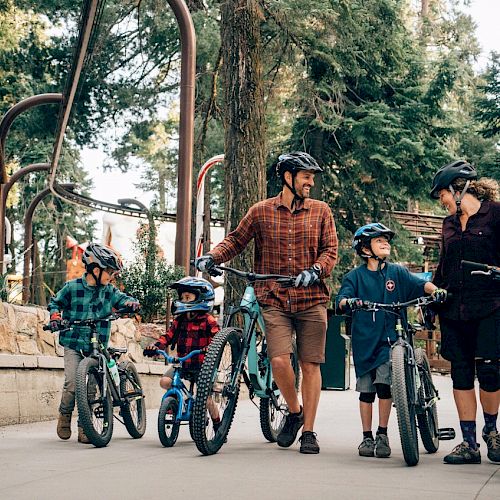 A family of four is walking with their bicycles on a tree-lined path, enjoying time together.