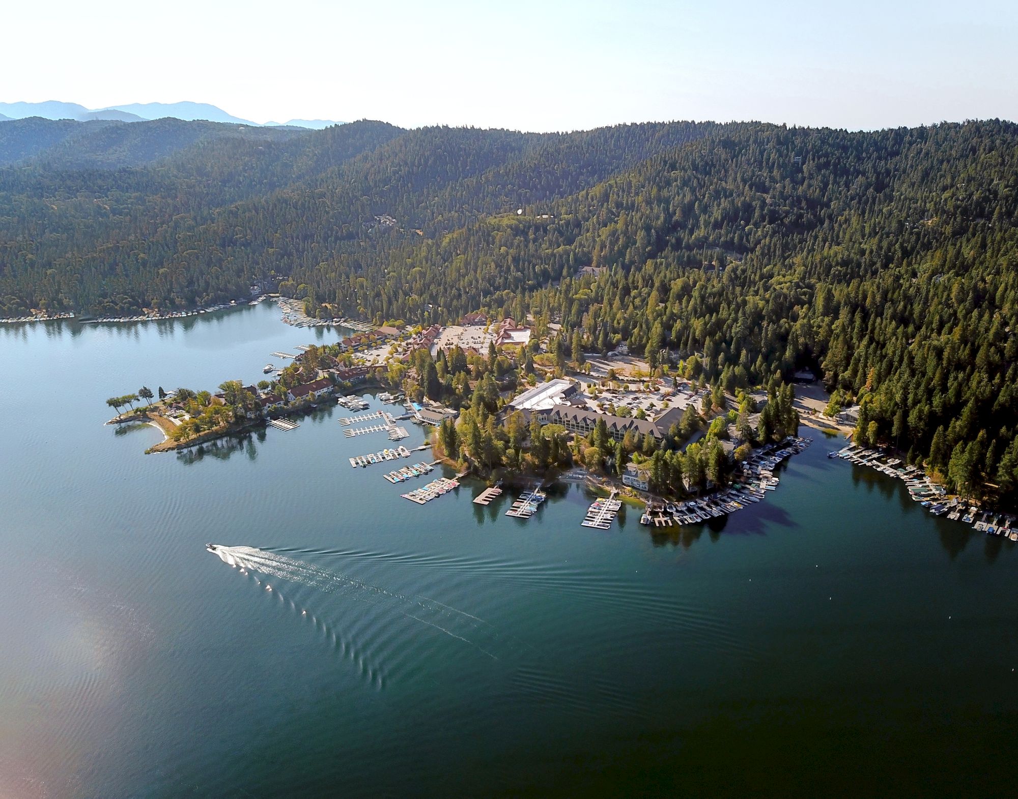 Aerial view of a lakeside community with boats and a forest backdrop.