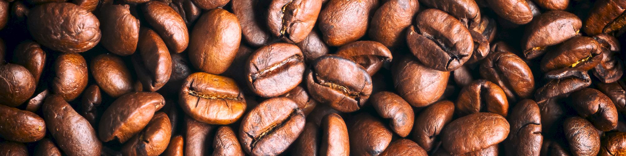 The image displays a close-up of many roasted coffee beans.