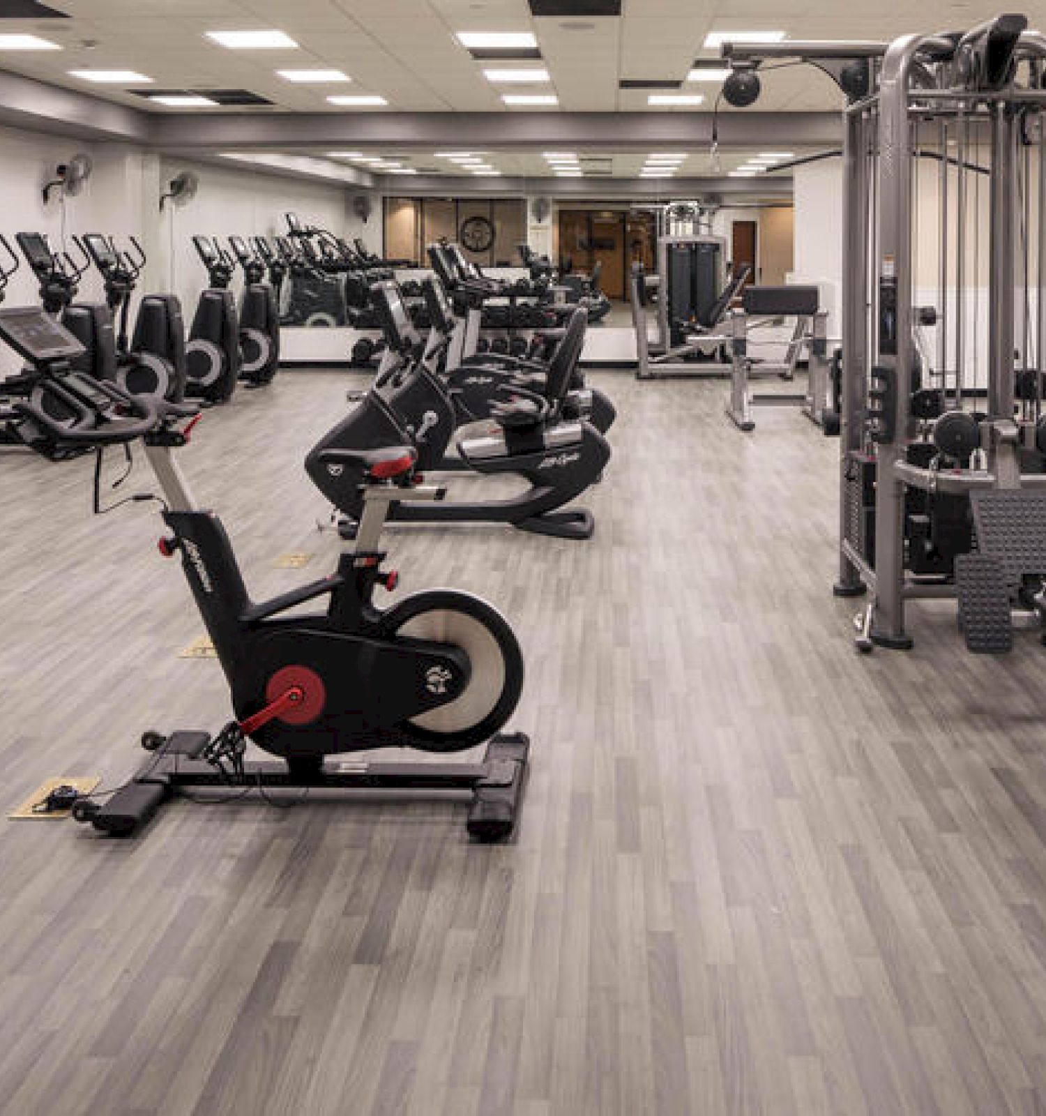 A brightly lit fitness gym including weightlifting equipment, treadmills, and a stair climber.