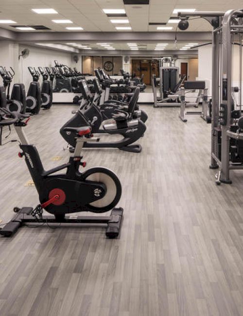 A brightly lit fitness gym including weightlifting equipment, treadmills, and a stair climber.