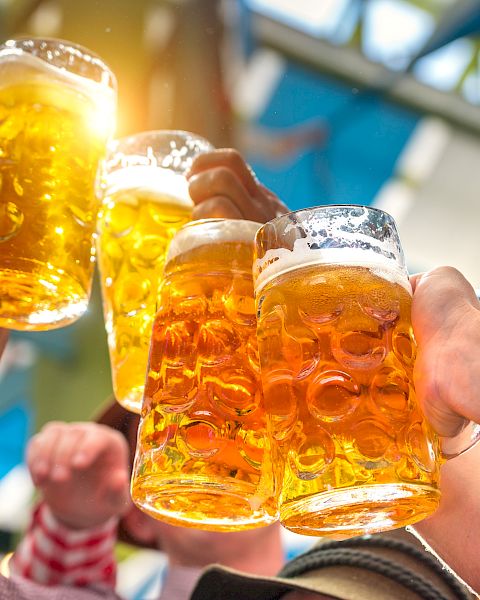 People raising large mugs of beer in a cheerful toast, with sunlight shining through the golden liquid.