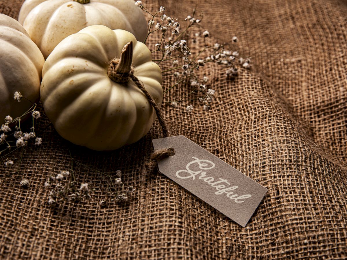 White pumpkins on burlap with a 