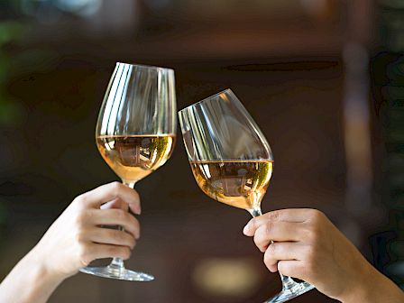 Two people clinking glasses of white wine over a table with dishes of salad in a cozy setting.