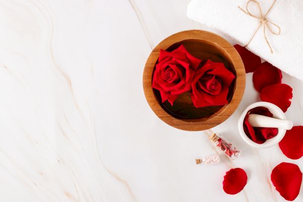 A wooden bowl with red roses, petals, a mortar and pestle, a small bottle, and white towels on a light background.